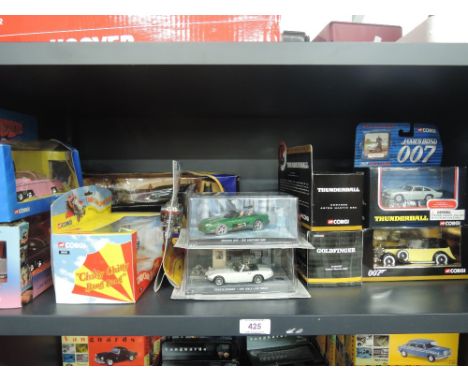 A shelf of modern Corgi and similar die-casts including James Bond, Chitty Chitty Bang Bang, Thunderbirds, Batman etc, all bo