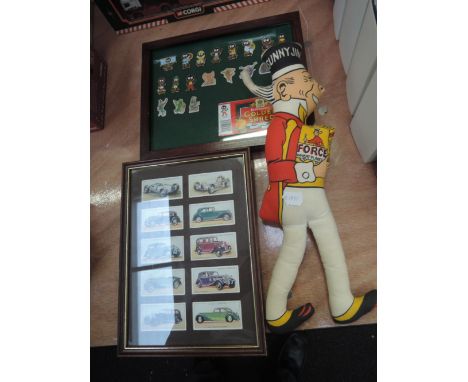 A framed set of 10 John Player cigarette cards, vintage cars, A framed selection of Robertsons badges and a 'Sunny Jim' cloth