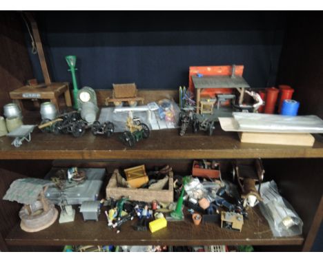 Two shelves of G Scale and similar accessories and figures