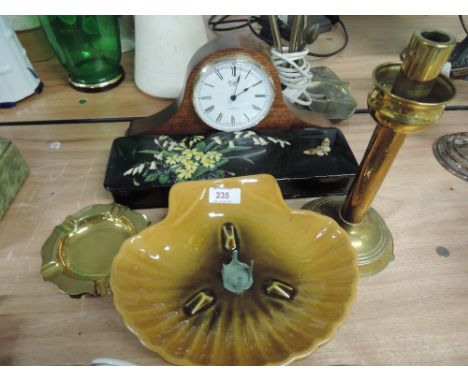 A miscellaneous selection including treen mantle clock, lacquered box etc