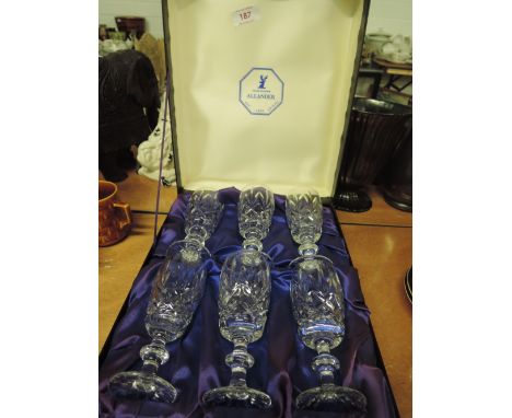 A boxed set of Allander lead crystal wine glasses