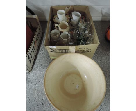 A box of glasses, part tea service, coronation ware and cream bowl 