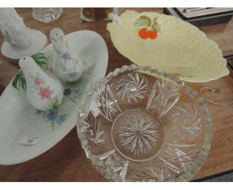 A Fieldings Crown Devon dish, a Radfords dish and salt and pepper and a cut glass bowl