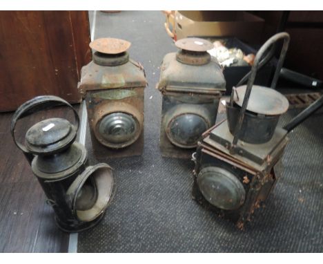 Four vintage lamps, Signal x2, Guards Van, and Handlamp