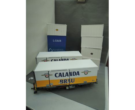 Two LGB G scale Calanda Brau container wagons and 8 containers