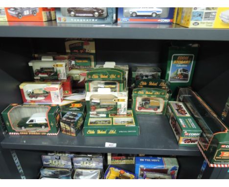 A shelf of modern Corgi Eddie Stobart die-casts, all boxed