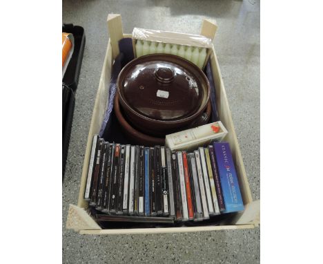 A box of Cd's and ceramic pot etc