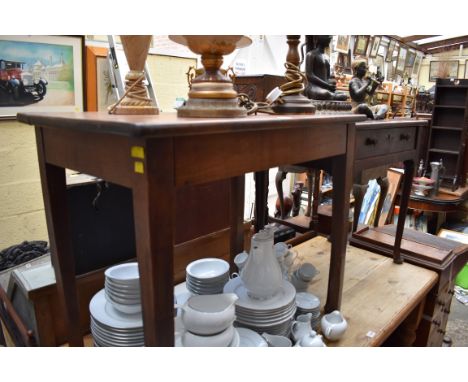 An antique French fruitwood single drawer side table, 84cm wide. 