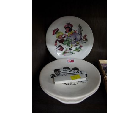 Two vintage Beatles plates; together with a Beatles penknife; a Jack & Jill plate; and a similar boxed knife, fork and spoon.