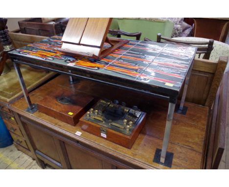 A vintage tile top rectangular low occasional table, 92cm wide. 