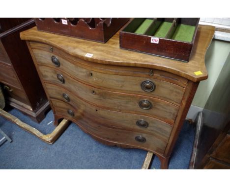 A George III mahogany serpentine fronted four drawer chest, with brushing slide, 98.5cm wide.    Condition Report:  Will requ