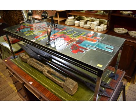 A vintage tile top rectangular low occasional table, 123cm wide. 