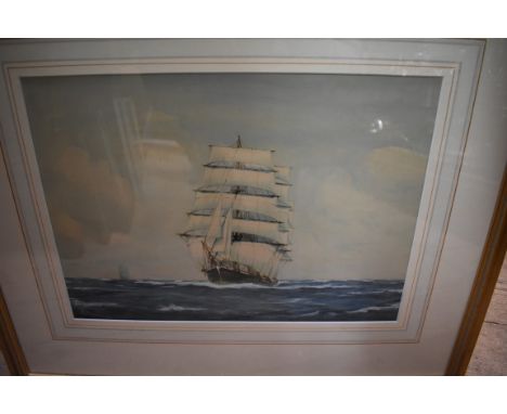 R Heddon, a three masted sailing vessel at sea, signed, watercolour and gouache, 26 x 36.5cm. 