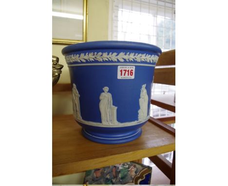A late Victorian Dudson Bros blue jasperware jardiniere, 22cm diameter. 
