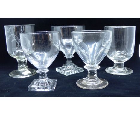 Two 19th glass rummers with plain bowls, lemon squeezer square bases, 15.5cm and 14.5cm , two further rummers with circular b