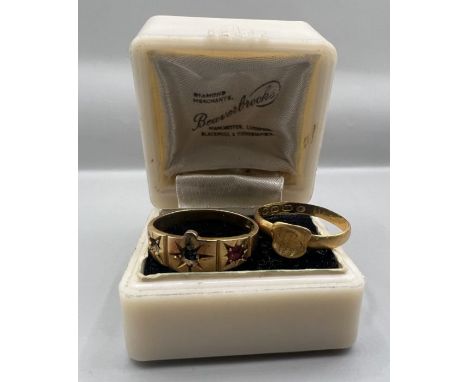 Two Antique rings in as found condition comprising a small 22ct gold signet ring, with cut shank, approximate weight 1.5 gram