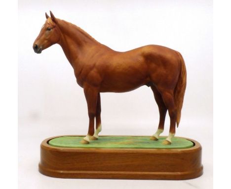 A Royal Worcester Hyperion ceramic race horse C1965. modelled by Doris Lindner. on wooden base , stands 23cm high, in good co