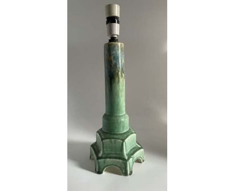 A Ruskin Pottery moulded green crystalline glaze hexagonal lamp base Height 31cmMarked Ruskin EnglandCondition good