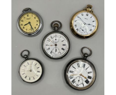 A selection of pocket watches to include three sterling silver watches - two key wound, the third self-wound (appears to run 