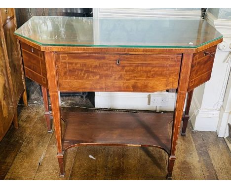 A George III mahogany and satinwood banded small sideboard, in the manner of Thomas Sheraton, central deep drawer divided int