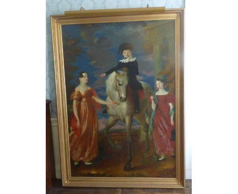 19th century English school Equestrian portrait of a young boy flanked by two girls in a landscape, a Classical building beyo