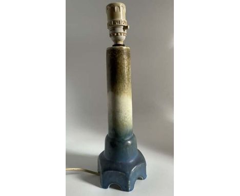 A Ruskin Pottery moulded blue green crystalline glaze hexagonal lamp base Height 28cmMarked Ruskin EnglandCondition good