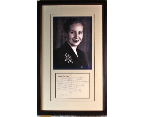 Eva Peron (1919–1952) Handwritten Signed Letter. First Lady of Argentina from 1946 until her death in 1952. A Handwritten let