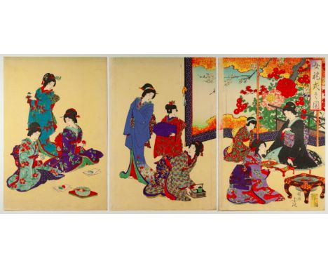 Artist: Chikanobu Yoshu (1838-1912)Title: Etiquette for WomenPublisher: TakekawaDate: Meiji era (1868-1912)Size: (L) 35.7 x 2