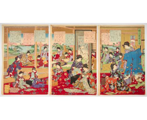 Artist: Chikanobu Yoshu (1838-1912)Title: Ladies Sewing LessonPublisher: Hayashi KichizoDate: 1885Size: (L) 37.2 x 24.8, (C) 