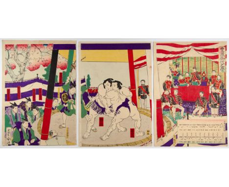Artist: Yasuji Inoue (1864-1889)Title: Meiji Emperor Enjoying the Sumo WrestlingPublisher: Matsuki HeikichiDate: late 19th ce