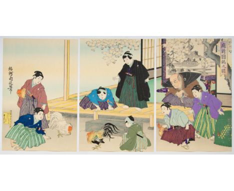 Artist: Chikanobu Yoshu (1838-1912)Title: Cock fightingDate: late 19th centurySize: (L) 35.1 x 23.5, (C) 35.2 x 23.4, (R) 35.
