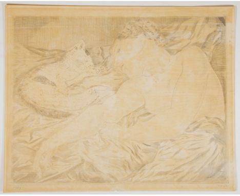 Artist: Leonard Tsuguharu Foujita (1886-1968) Title: Cat and Beauty Lithograph Date: c. early 20th century Size: 38.5 x 48.1 