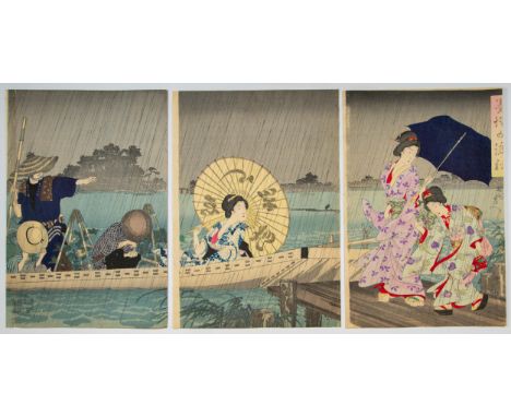 Artist: Chikanobu Yoshu (1838-1912)Title: Seeing off at Sumida EmbankmentPublisher: Morimoto JunzaburoDate: 1895Size: (L) 35.