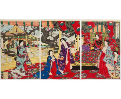 Artist: Chikanobu Yoshu (1838-1912)Title: 'Coming of Spring Celebration'Publisher: Komiyama ShoheiDate: 1870sSize: (R) 35.7 x