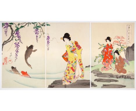 Artist: Chikanobu Yoshu (1838-1912) Title: A Stroll in the Garden Series: The Inner Palace of ChiyodaPublisher: Fukuda Hatsuj