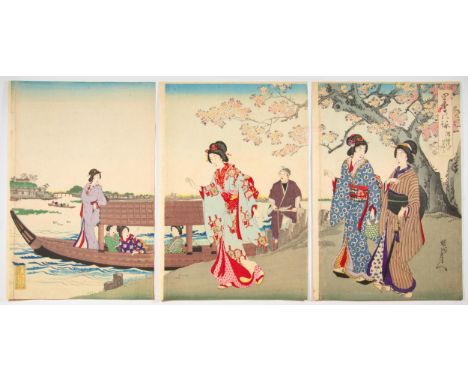 Artist: Chikanobu Yoshu  (1838-1912)Title: Cherry Blossoms in the Sumida EmbankmentSeries title: Song of Four SeasonsPublishe
