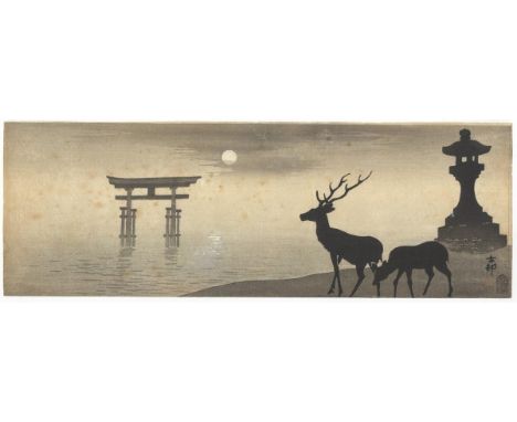 Artist: Koson Ohara (1877-1945)Title: Torii with lantern and deerPublisher: Kokkeido (Akiyama Buemon)Date: Early 20th century