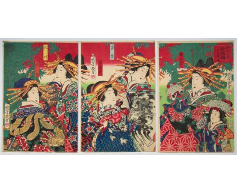 Artist: Yoshiiku Utagawa (1833-1904)Title: Courtesans of the House of KinpeiroPublisher: Yorozuya MagobeiDate: 1872Size: (L) 