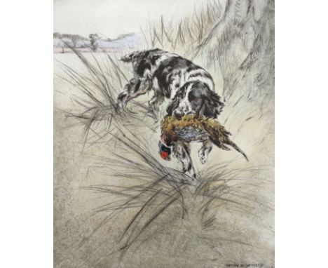 Henry Wilkinson (1921-2011), artists proof colour etching, Gun dog with game, pencil signed, 28cm x 25cm***CONDITION REPORT**