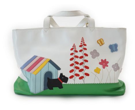 A Radley white 'Radley's Garden' leather grab bag 2004, with Scottie dog, kennel and flowers design. Style no: 52700Z, with d