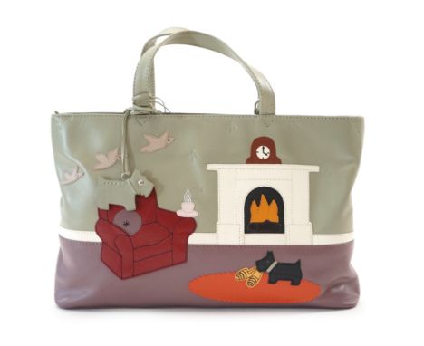 A Radley 'Armchair, Fireplace' leather grab handle bag, with armchair, fireplace and Scottie dog carrying slippers design. St
