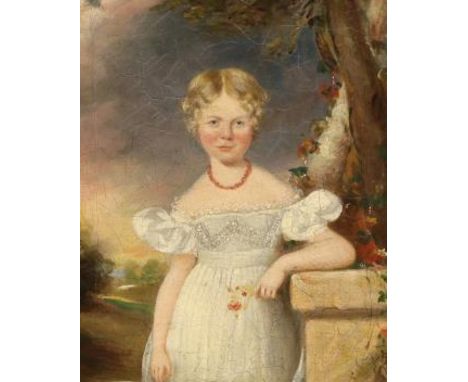 Early 19th century English School, oil on canvas, Three quarter length portrait of a young girl wearing a coral necklace, 23 