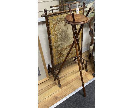 A Victorian faux bamboo firescreen and folding tripod plant stand, width 64cm, height 106cm***CONDITION REPORT***PLEASE NOTE: