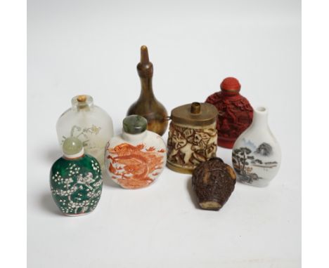 Seven various Chinese snuff bottles including horn, simulated  lacquer, porcelain, glass, wood and a small bone powder flask*