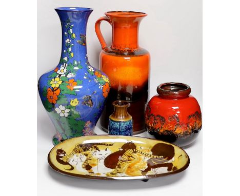 Five mid century pottery pieces including a Joyce Morgan 'cat' tray, an Adderley blue ground vase, and three W. German vases 