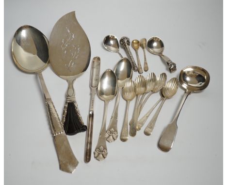 An early to mid 20th century Georg Jensen sterling and hardwood server, 26.1cm and a similar caddy spoon, together with other