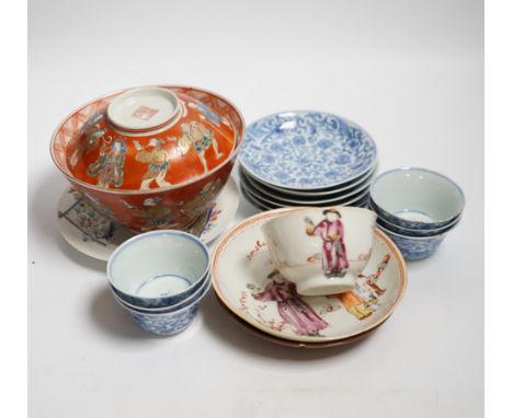 A set of six Chinese blue and white tea bowls and saucers, Kangxi period, a Chinese famille rose tea bowl and saucer, a Batav