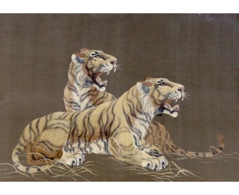 A Japanese silk panel embroidered with two tigers, 53 x 39cm***CONDITION REPORT***PLEASE NOTE:- Prospective buyers are strong