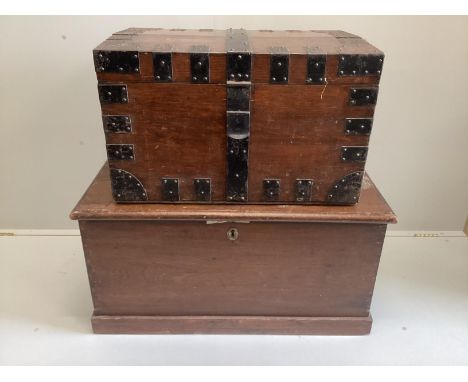 A Victorian iron bound oak silver chest, width 75cm, depth 47cm, height 46cm together with a larger Victorian stained pine tr