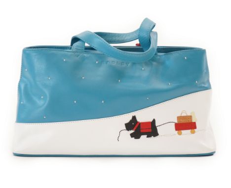 A Radley blue and white 'Explorer' leather grab handle bag 2004, with Scottie dog pulling a cart in the snow design.Style no: